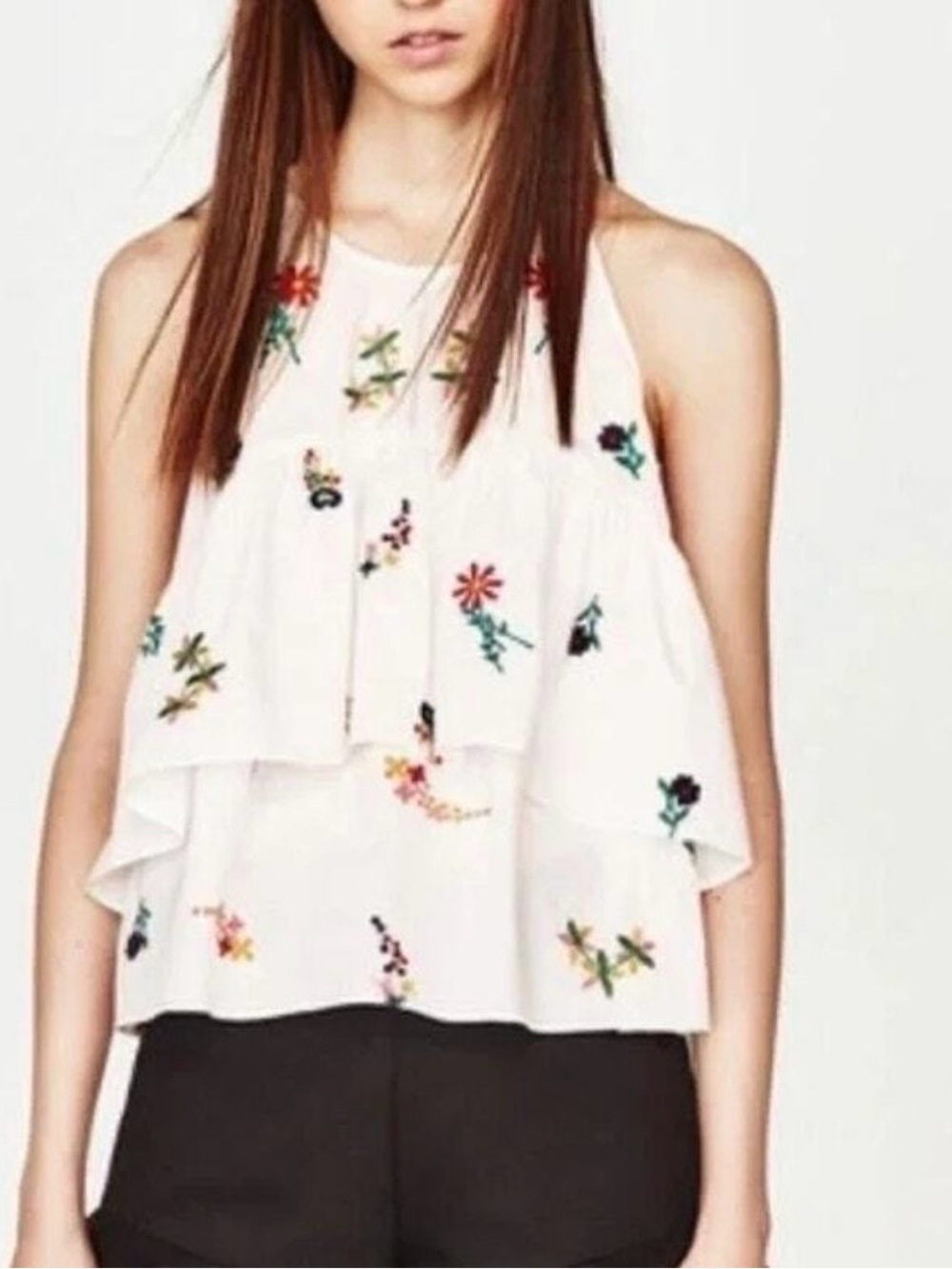 Zara White Tiered Halter Camisole with Multicolor Floral Embroidery